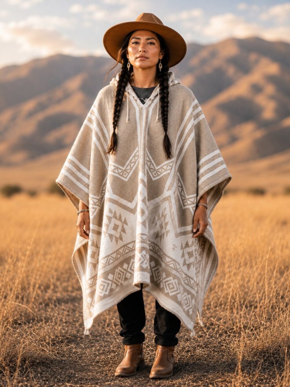 Unisex Hooded Poncho - Handwoven 100% Highland Wool Geometric Western Cloak